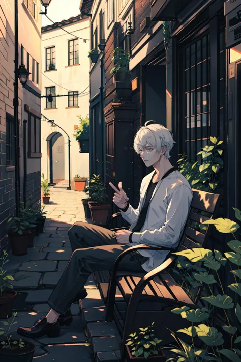 masterpiece, best quality, 1 male, adult, handsome, tall muscular guy, broad shoulders, finely detailed eyes and detailed face, extremely detailed CG unity 8k wallpaper, intricate details, very short white hair, best ratio four finger and one thumb, best light and shadow, background is back alley, detasiled sunlight, sitting, Little cats are gathered next to him, dappled sunlight, day, plants, summer, depth of field