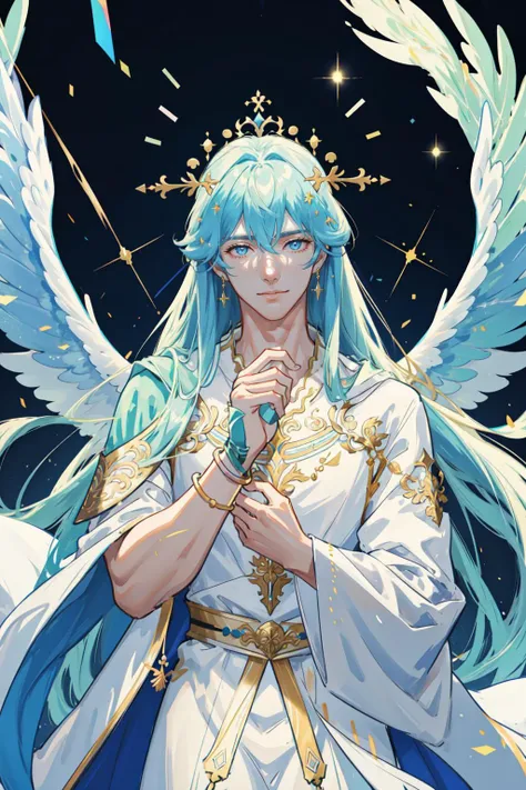 masterpiece, best quality, 1 male, adult, handsome, tall muscular guy, broad shoulders, finely detailed eyes and detailed face, extremely detailed CG unity 8k wallpaper, intricate details, pastel color long hair, fantasy, complex pattern, detailed face, angel wings, lens flare, colorful, glow white particles, white robe, gold bracelets and accessories, prism, glowing, glitter, particles, bloom, likes to celebrate and have fun, enjoys nature, bright and optimistic outlook, creative and adventurous spirit, represents happiness and harmony, depth of field