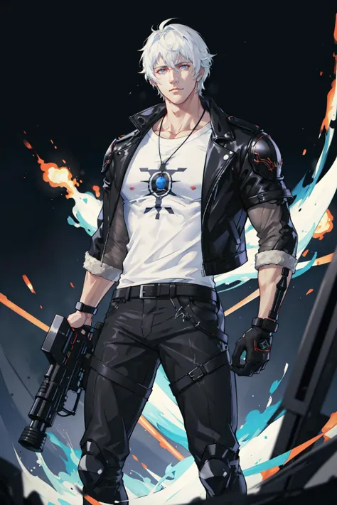 masterpiece, best quality, 1 male, adult, handsome, tall muscular guy, broad shoulders, finely detailed eyes and detailed face, extremely detailed CG unity 8k wallpaper, intricate details, intricate details, very short hair, undercut, grunge, serious expression, big arms, dark, old leather jacket, white t-shirt, medieval dark leg armor pants, neon motion stream, glowing lights, Grenade Launcher weapon, bright white energy streams of lights, rim lighting, sf, Apocalypse, from above, depth of field