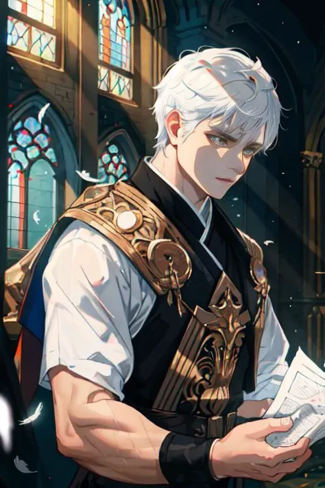 1 man, male focus, mature, adult, amber eyes, detailed face, muscular, athletic body, noble, praying, complex pattern, transcendent, divine, harmonious, religious, fantasy, glitter, falling white feathers, Glow White Particles, Bloom, Dim Lit, VFX, Indoor Cathedral, Depth of Field, Gaussian Blur, Close-up, Dutch Angle Shot, Cinematic Pose, Sharp Focus, Intricate Details, Tone-mapping, Ambient Occlusion, Backlighting, Shadow Mapping, Ambient Light, Secondary Fill Light, Spectacular Map, Atmospheric Perspective, Color Punch Overlay, Anti-Aliasing., Masterpiece, Best Quality, High Resolution, 4k. <lora:epiNoiseoffset_v2:0.8>