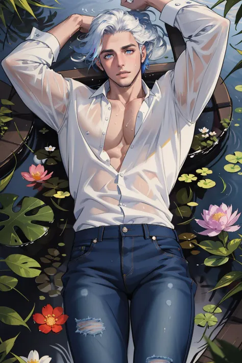 masterpiece, best quality, 1 male, adult, handsome, tall muscular guy, broad shoulders, finely detailed eyes and detailed face, extremely detailed CG unity 8k wallpaper, intricate details, The pond is filled with colorful flowers, A man lying on back comfortably in it, from directly above, white shirt, jeans, wet, colorful, artistic, depth of field