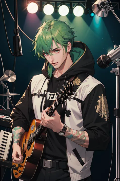 (masterpiece, best quality), 1 male, adult, handsome, tall muscular guy, broad shoulders, finely detailed eyes and detailed face, extremely detailed CG unity 8k wallpaper, intricate details, green hair, oversized hood, Musician, Musical attire, Recording studio, Composing music, Performing live, Collaborating with other musicians