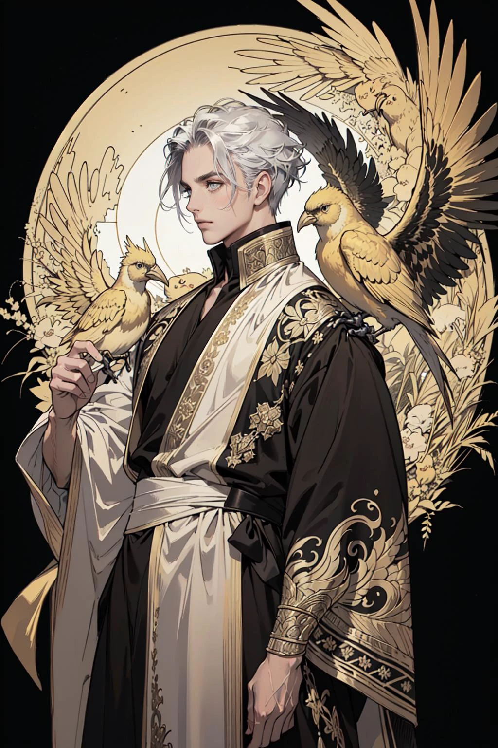 realistic, (masterpiece, top quality, best quality, official art, beautiful and aesthetic:1.2), extremely detailed,fractal art,colorful,highest detailed,zentangle,(abstract background:1.3)
solo mature male, tall muscular guy, (golden birds),
silver hair, bright eyes,hair slicked back, short hair, black robe,