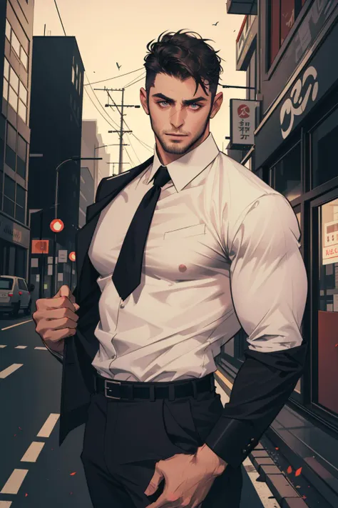 (masterpiece, best quality), 1 male, mature, aged up:1.4, tall muscular guy, broad shoulders, finely detailed eyes and detailed face, best ratio four finger and one thumb, best light and shadow, very short hair, undercut, mercenary, suit, morden urban landscape