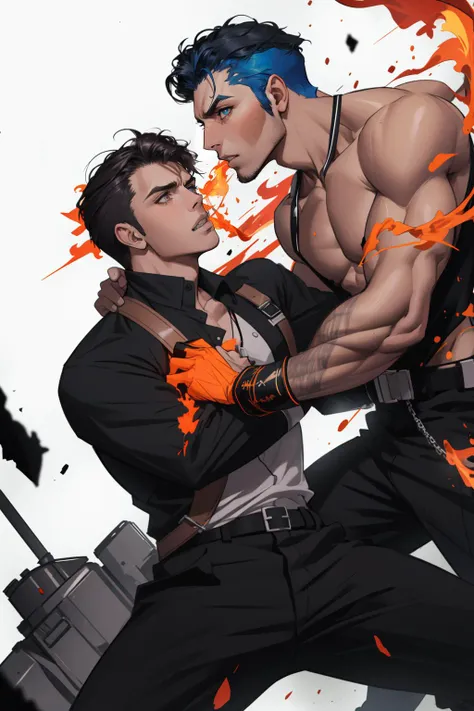 masterpiece, best quality, 1 male, adult, handsome, tall muscular guy, broad shoulders, finely detailed eyes and detailed face, extremely detailed CG unity 8k wallpaper, intricate details, very short hair, undercut, in the middle of a fight, colorful flame effect, very strong, angry, battle action, dynamic angle, fighter, powerful, best ratio four finger and one thumb, depth of field