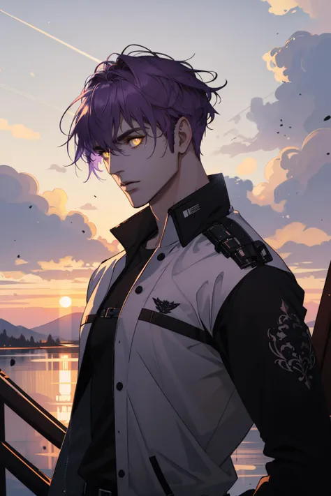 (masterpiece, best quality), 1 male, adult, handsome, tall muscular guy, broad shoulders, finely detailed eyes and detailed face, extremely detailed CG unity 8k wallpaper, intricate details, very short hair, violet hair, glowing yellow eyes, sunrise background, cinematic light, backlighting, glow white particles, lens flare, colorful, dusk, cloudy sky