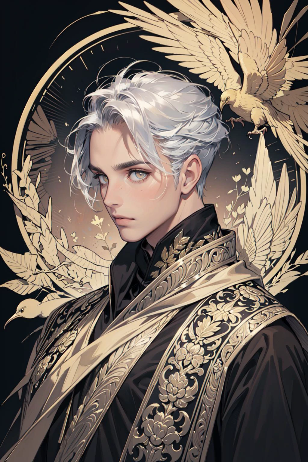 realistic, (masterpiece, top quality, best quality, official art, beautiful and aesthetic:1.2), extremely detailed,fractal art,colorful,highest detailed,zentangle,(abstract background:1.3)
(1boy:1.3), (golden birds),
silver hair, bright eyes,hair slicked back, short hair, black robe,
