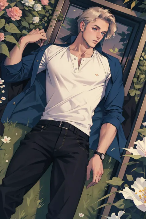 masterpiece, best quality, 1 male, adult, mature, tall, broad shoulders, handsome, intricate details, a man lying in a flower garden, casual clothes, dutch angle