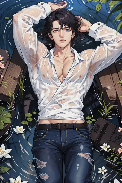 masterpiece, best quality, 1 male, adult, mature, tall, broad shoulders, handsome, intricate details, a man lying in a flower garden, casual clothes, dutch angle