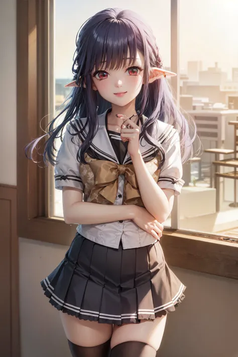 (masterpiece, best quality:1.2), <lora:shuffle_nerine-10:0.8>, cowboy shot, solo, 1girl, nerine, smile, looking at viewer, (blue hair:1.1), red eyes, school uniform, serafuku, pleated skirt, thighhighs