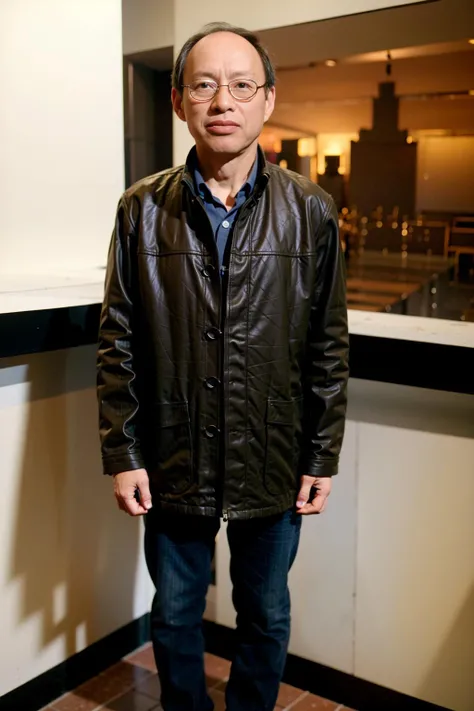 best quality, ultra high res, (photorealistic:1.4), masterpiece, blurry background,indoors,1boy,standing ,(looking at viewer), black leather coat, <lora:liuzifeng:0.8>