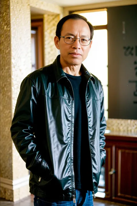 best quality, ultra high res, (photorealistic:1.4), masterpiece, blurry background,indoors,1boy,standing ,(looking at viewer), black leather coat, <lora:dongbiao:0.8>