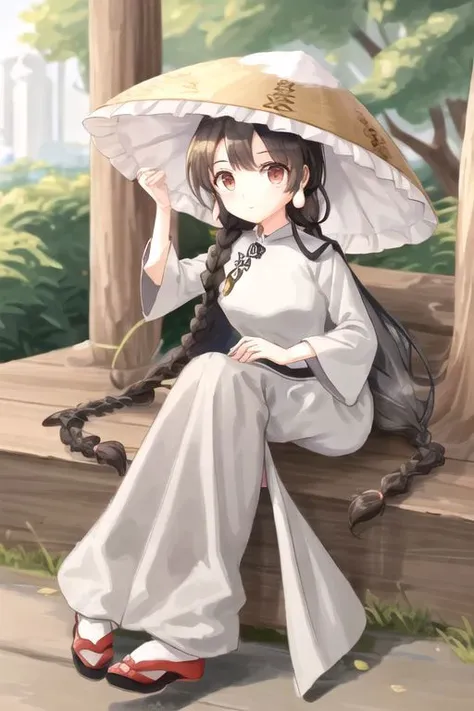 1girl,conical hat,long hair,black hair,brown eyes,twin braids,long earlobes, ,grey dress, long sleeves, ao dai, sheer white pants, red pumps