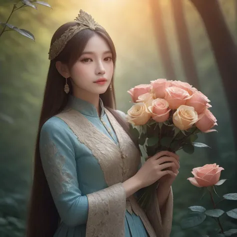 <lora:SDXL coco800:0.8>
1girl,solo, beautiful eyesï¼
spring, in a traveler's costume, holds a bouquet of rose in girl hand, walking through the forest, sunrise, cute, adorable, vintage, art, fairytale, storybook detailed illustration, cinematic, ultra highly detailed, tiny details, beautiful details, mystical, luminism, vibrant colors, complex background, stunning, energy, molecular, textures, iridescent and luminescent scales, breathtaking beauty, pure perfection, divine presence, unforgettable, impressive, breathtaking beauty, volumetric light, auras, rays, vivid colors reflects, magnificent, celestial, ethereal, epic, magical, dreamy, chiaroscuro, atmospheric lighting,