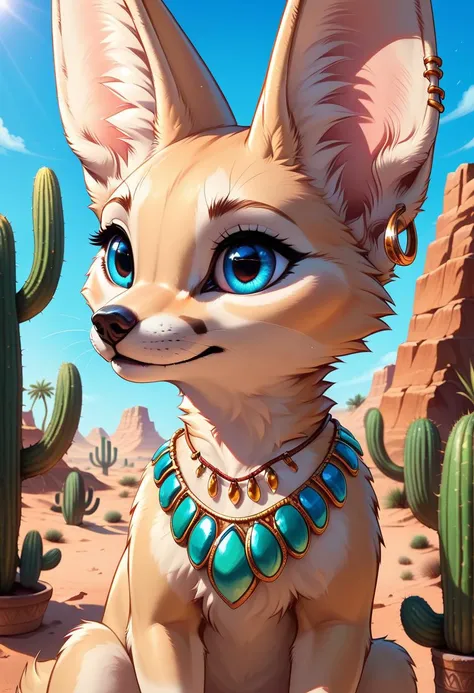 zPDXL,1 small fennec, big blue eyes, cute, fur, fluffy, gem necklace, earrings, lush desert oasis, vivid colors, vibrant, (looking at a scorpio), cactus