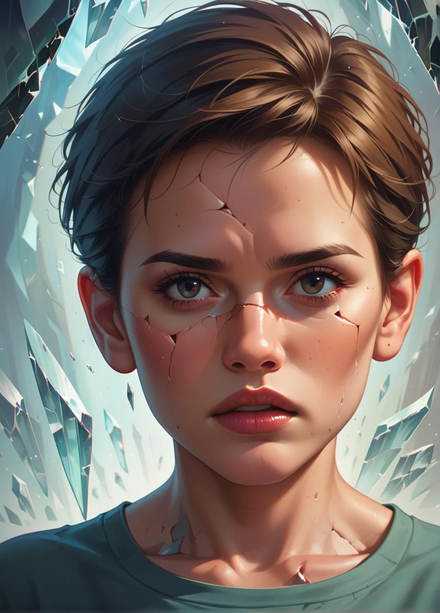 score_9, score_8_up, score_7_up, young Norwegian woman, face as cracked broken glass,,