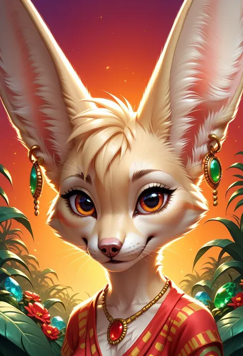 zPDXL,1 small fennec, big red eyes, cute, fur, fluffy, gem necklace, earrings, lush oasis, vivid colors, vibrant, (looking at a scorpio:1.5)