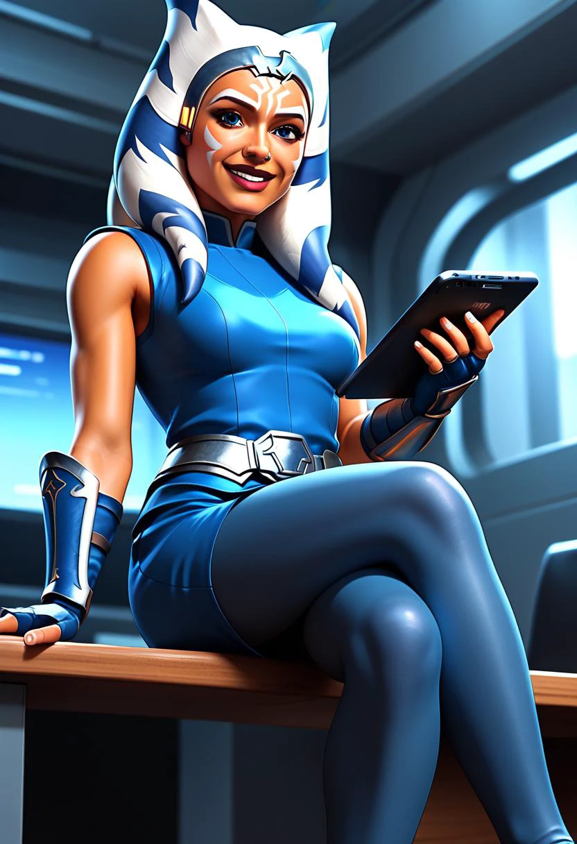 score_9, score_8_up, score_7_up, female, solo, grey headband, ahss7, medium breasts, <lora:AhsokaS7PDXL_V1-Manityro-adamw:0.4>, indoors, dark, night, (science fiction:1.2), office, looking at viewer, smile, parted lips, Outfit1, blue shirt, sleeveless, hip armor, blue skirt, vambraces, fingerless gloves, blue leggings, three-quarter view, sitting, on desk, crossed legs, holding tablet,