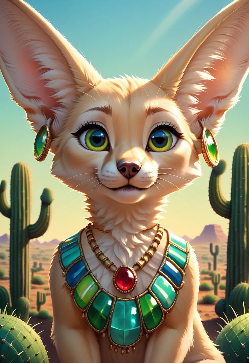 zPDXL,1 small fennec, big green eyes, cute, fur, fluffy, gem necklace, earrings, lush oasis, vivid colors, vibrant, (looking at a scorpio:1.5), cactus