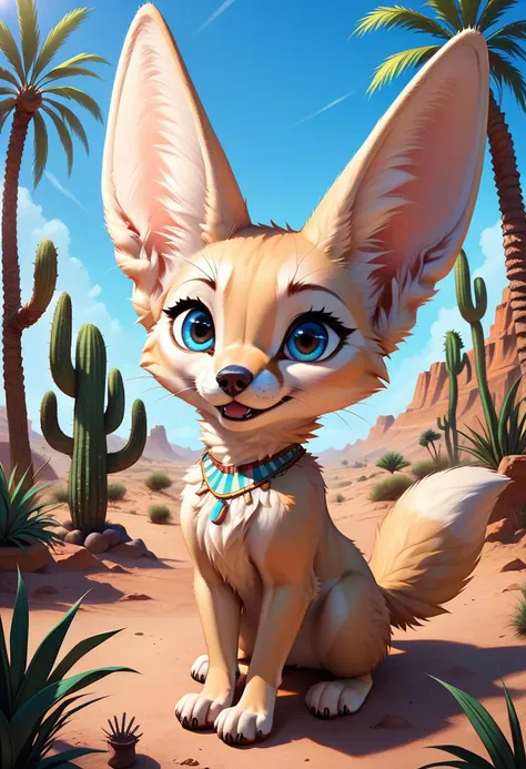 zPDXL,1 small fennec, big blue eyes, cute, fur, fluffy, lush desert oasis, vivid colors, vibrant, (looking at a scorpio), cactus