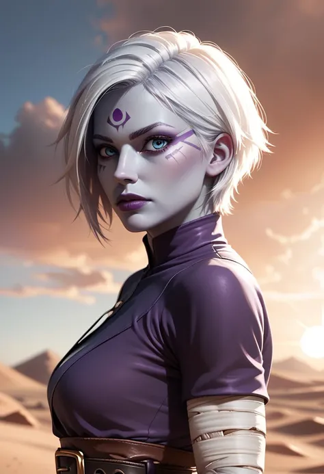score_9, score_8_up, score_7_up, 1girl, solo, Asajj, blue eyes, grey skin, short hair, white hair, facial mark, <lora:AsajjVentressPDXL_V1-Manityro-adamw:0.5>, outdoors, desert, sun, clouds, looking at viewer, outfit1, bandages, dark purple shrug \(clothing\), belt,,