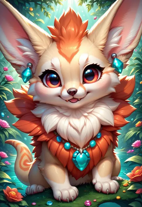 zPDXL,1 small fennec_salamander_hybrid, big red eyes, cute, fur, fluffy, gem necklace, earrings, lush oasis background, vivid colors, vibrant