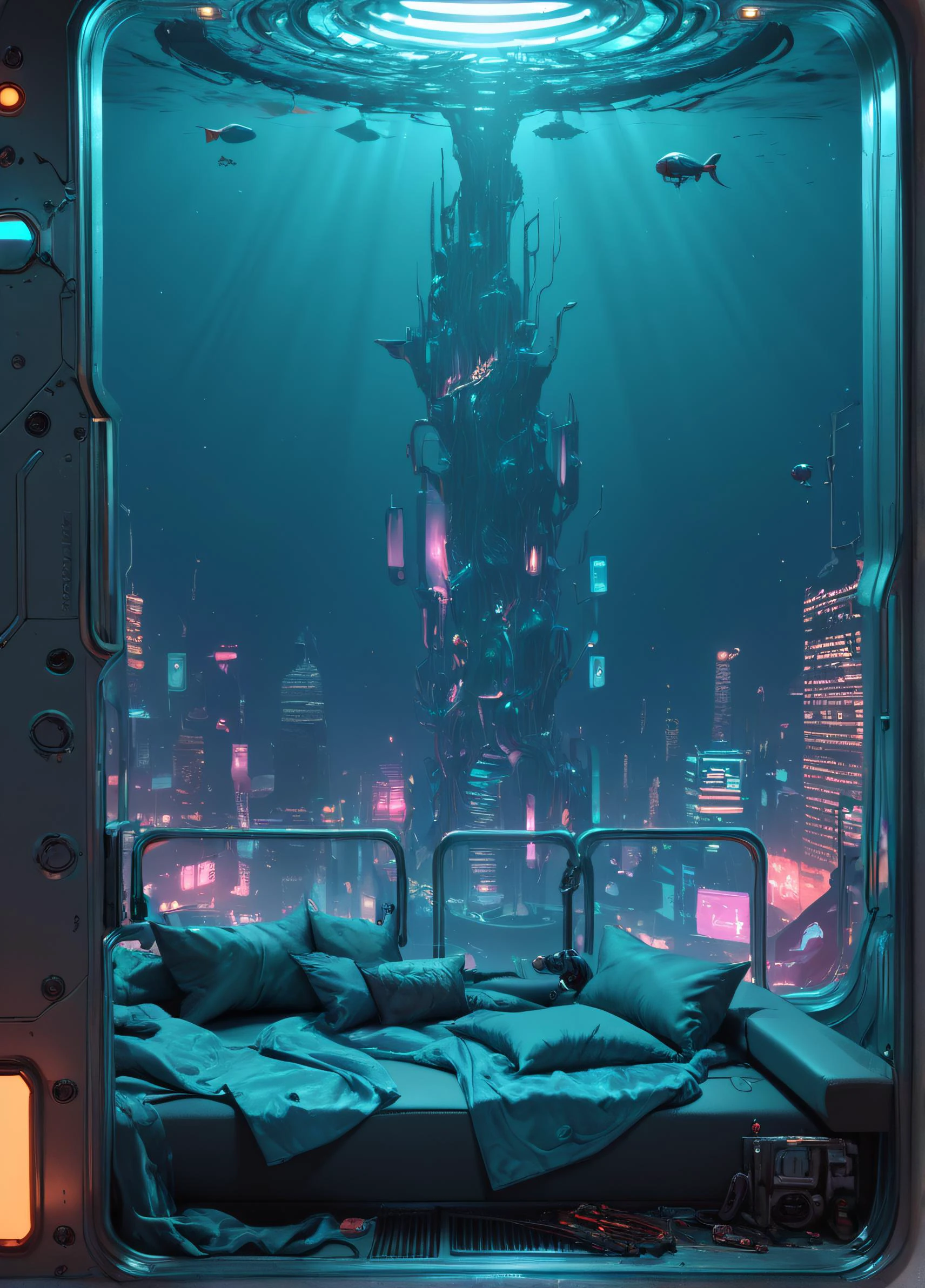 score_9, score_8_up, score_7_up, A futuristic underwater city, lit by bioluminescent creatures,,