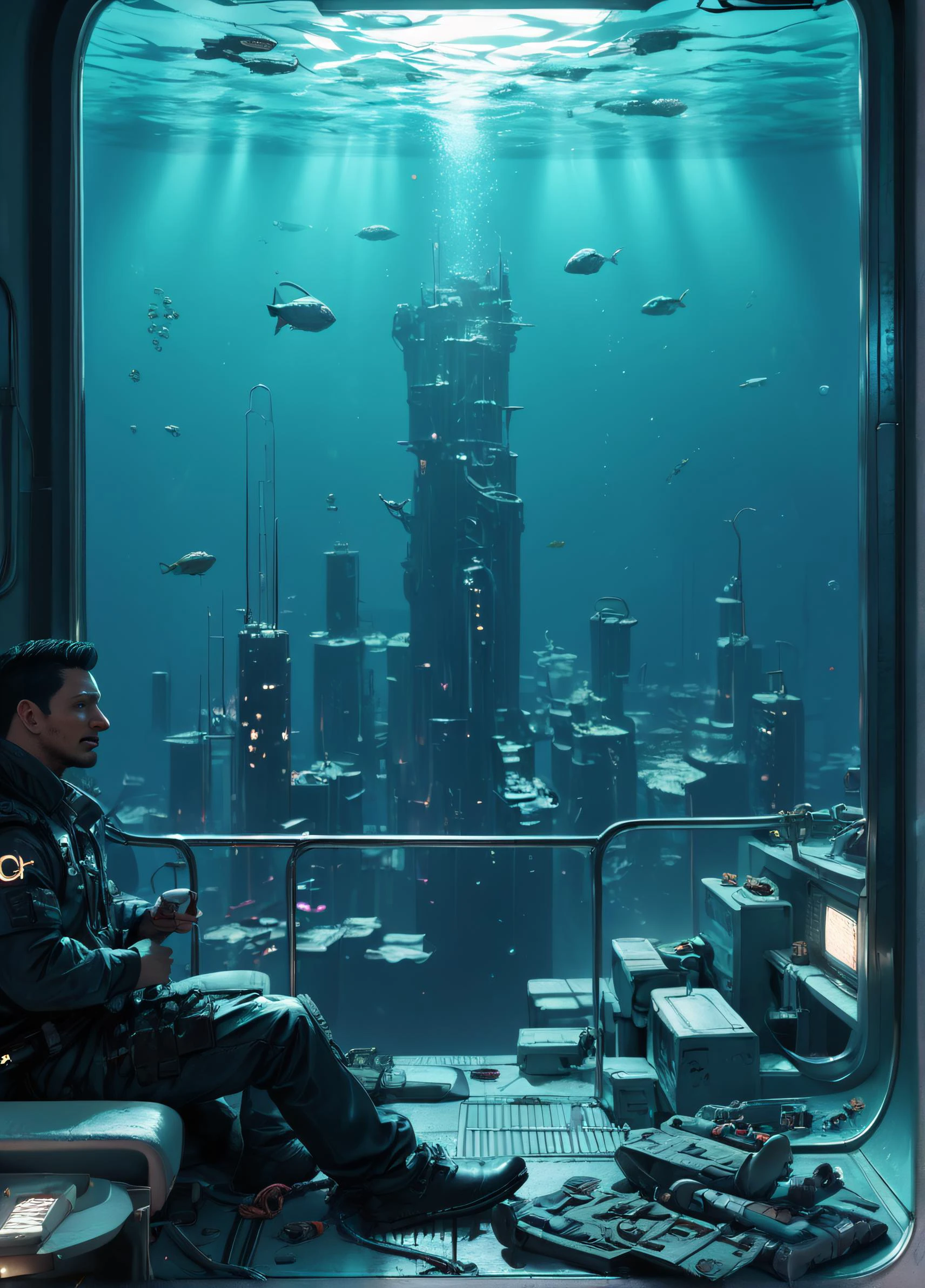 score_9, score_8_up, score_7_up, A futuristic underwater city, lit by bioluminescent creatures, a person swimming in the middle of it, moonbeam,,