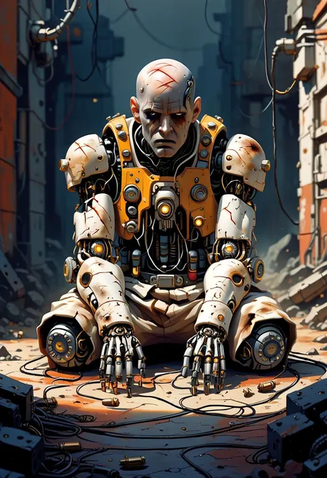 Grunge style score_9, score_8_up, score_7_up, cyberpunk cyborg, metallic looking at viewer, exterior, rust scratches and bullet holes, heavy patina, one missing eye, mechanical left arm, face has damaged circuitry. post post-apocalypse city, piles of rubble, black smoke style of Guweiz and Stephan Martiniere,, rating_safe, <lora:Reelmech_pony_ed_v1_3:0.6> reelmech, mechanical parts, cable, wires, machinery, joints, body suit, rating_safe, . Textured, distressed, vintage, edgy, punk rock vibe, dirty, noisy