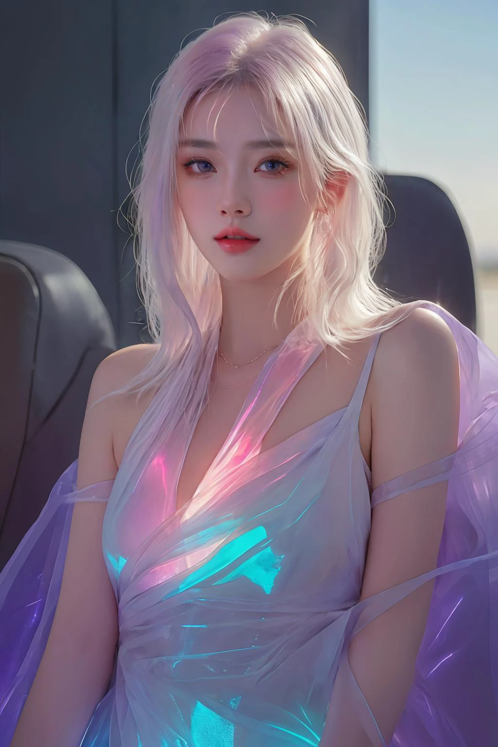 rich colors,(upper body:1.2),high gloss,extremely beautiful skin,natural skin texture,(pale skin, real_skin),(Milky skin:1.2),(shiny skin:1.4),
cinematic light,fantasy,highres,highest quallity,Short pink and white hair held,eyes with light,model pose,Stiletto Boots,professional lighting,large aperturing,atmosphere,candid shots,neon lighting,hologram dress with blue and purple fabric,transparent/translucent medium,photorealistic,(airport:1.2),
<lora:xuer hologram Laser dress_20240203204448:0.3> <lora:Cyberbrep:0.5> 2d_artwork