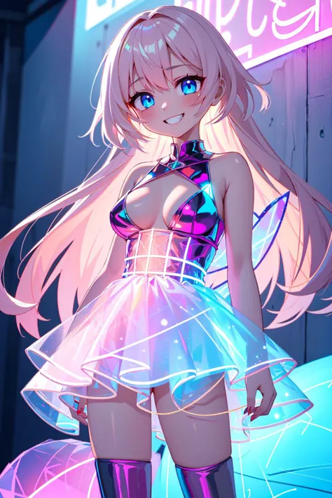 fantasy setting, girl, (long hair:1.1), blonde and pink hair, xuer hologram Laser dress, spiral, flashing lights, grin, 
Masterpiece, best quality, detailed background, intricate details, detailed, <lora:detail_slider_v4:1.25> <lora:hologram Laser dress_XRYCJ:0.8>,