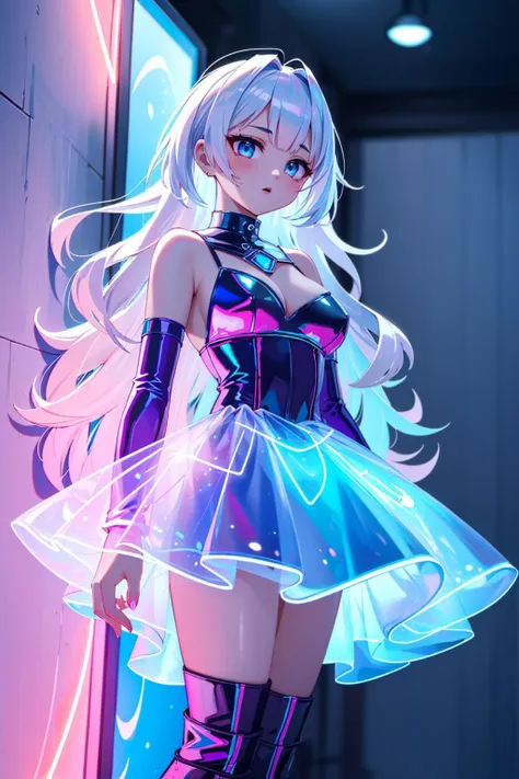 fantasy setting, girl, (long hair:1.1), silver and blue hair, xuer hologram Laser dress, spiral, flashing lights, 
Masterpiece, best quality, detailed background, intricate details, detailed, <lora:detail_slider_v4:1.25> <lora:hologram Laser dress_XRYCJ:0.8>,