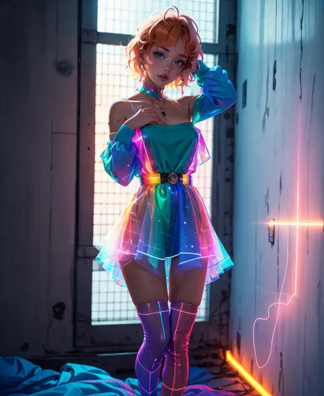 (masterpiece), (best quality), (extremely detailed),1 girl, dreamwave, aesthetic, 1girl, full body, dreadlocks hair, shaved hair, dark orange hair, bed hair, hair with bows, caramel eyes, freckels, dark green sweater dress, black off-shoulder dress, velvet, lace, lying, hands behind head, flowting hair, young body, sexy face, xuer hologram Laser dress