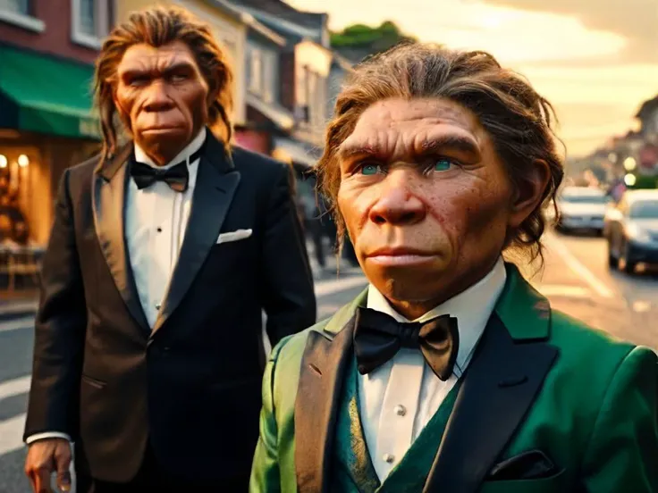 full body photo,(photorealistic, realistic, raw photo:1.5) and (intricately detailed:1.25), epic, masterpiece, best quality,1 boy wearing a (tuxedo),  green eyes, neanderthal man, woman wearing a (tuxedo),braids, a street in Tokyo, sunset, settlement, masterpiece, best quality, (octane render, cinematic CGI:1.4), intricate detail, (high quality photography:1.4), Canon EOS 5D, RAW photo, ultra-detailed, darkly romantic realism, professional photography, dark, depth of field<lora:xl_more_art-full_v1:0.5>