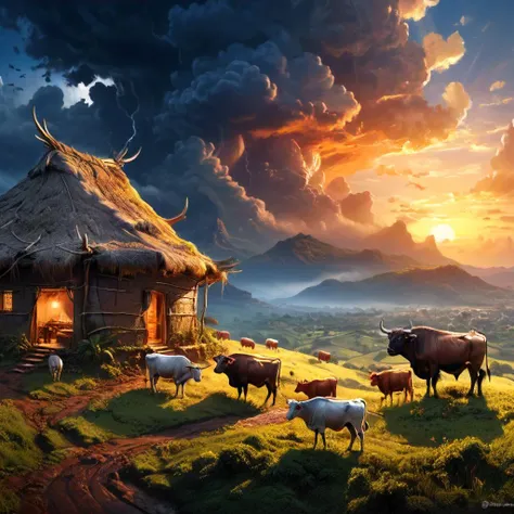 photorealistic, realistic, raw photo:1.5) and (intricately detailed:1.25), epic, masterpiece, best quality, warmly through the clouds, casting a golden tone, African 1 hut, cattles, countrry side view, raining, sunset, settlement, masterpiece, best quality, (octane render, cinematic CGI:1.4), intricate detail, (high quality photography:1.4), Canon EOS 5D, RAW photo, ultra-detailed, darkly romantic realism, depth of field, ((professionally color graded)), soft ambient lighting, (photography) art style by ((artgerm Clint Cearley Cedric Seaut Chris LaBrooy anton fadeev Cedric Peyravernay Anato Finnstark brom Alejandro Burdisio eddie mendoza)), captured by a legendary (photog) (photographer), award winning photoshoot, | rossdraws global illumination, conceptart, concept art, fantasy art, trending on art station, space art, epic fantasy character art, trending on artstation hq, ultra realistic, concept art, elegant, ((intricate)), ((highly detailed)), ((professionally color graded)), soft ambient lighting, dusk, 8k, 4k <lora:xl_more_art-full_v1:0.99>