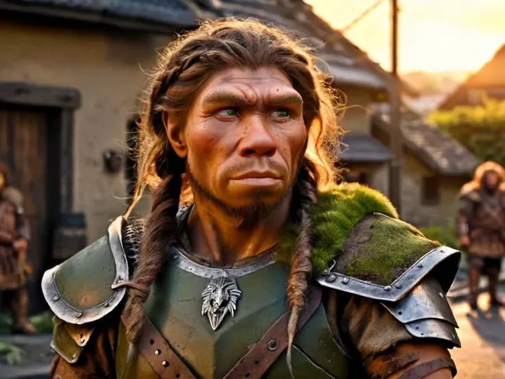 full body photo,(photorealistic, realistic, raw photo:1.5) and (intricately detailed:1.25), epic, masterpiece, best quality,1 boy wearing a (medieval armour),  green eyes, neanderthal man, woman wearing a (modern military uniform),braids, a street in Tokyo, sunset, settlement, masterpiece, best quality, (octane render, cinematic CGI:1.4), intricate detail, (high quality photography:1.4), Canon EOS 5D, RAW photo, ultra-detailed, darkly romantic realism, professional photography, dark, depth of field<lora:xl_more_art-full_v1:0.5>