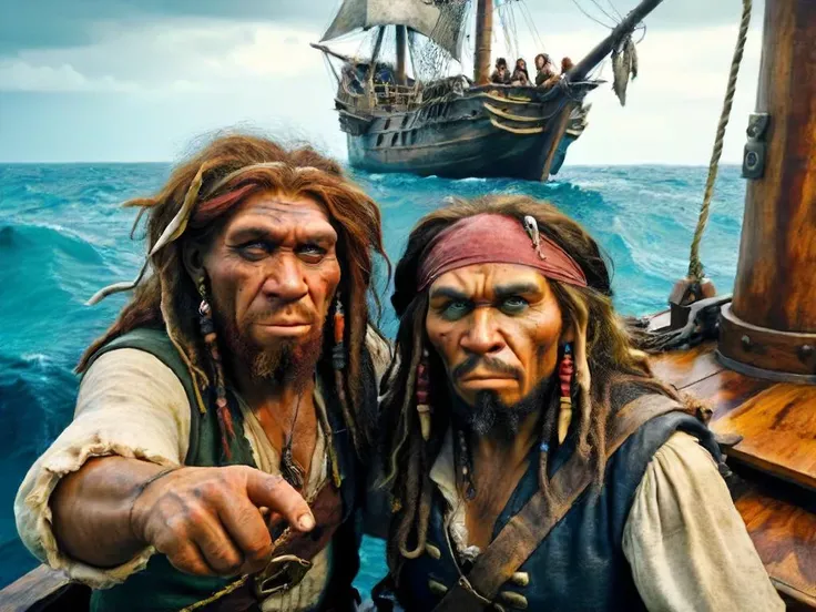 2 neanderthal men taking a selfie, dark green eyes, focus on the eye,neanderthal man dressed as Captain Jack Sparrow & neanderthal woman on the board of a sinking ship, in the background you can see the sailors yelling and screaming, realistic, complementary colors. octane render, highly detailed, volumetric, dramatic lighting <lora:xl_more_art-full_v1:0.5>