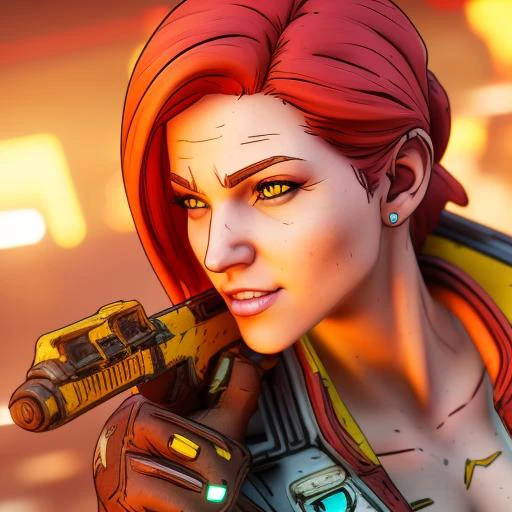 borderlands style, sexy redhead woman , 3D, 3d art, 4k,