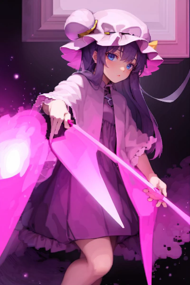 <lora:FantasyIcons_Gemstones:0.8>,( holding purple gemstone:1.1), glowing,
(1girl,purple hair,purle eyes,long hair, mob cap,crescent hat ornament, ribbon,dress, <lora:patchouli:0.9>,:0.6)