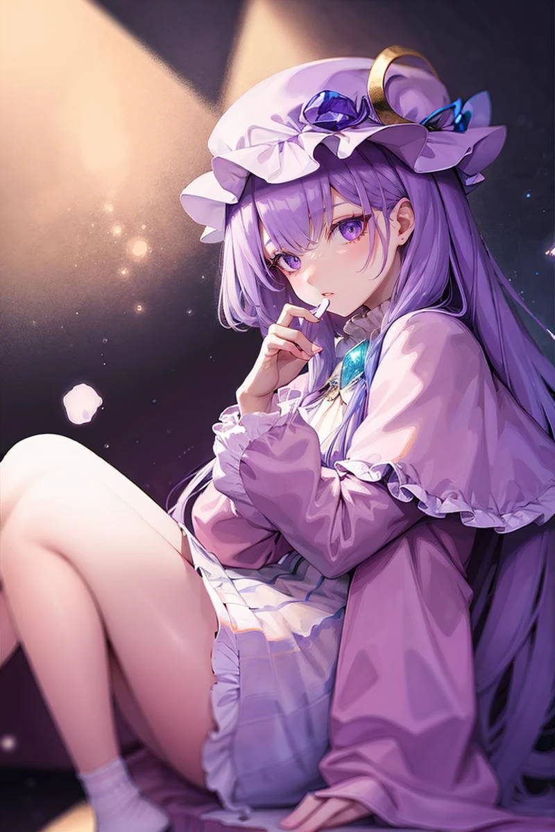 <lora:FantasyIcons_Gemstones:0.8>,( holding purple gemstone:1.1), glowing,
(1girl,purple hair,purle eyes,long hair, mob cap,crescent hat ornament, ribbon,dress, <lora:patchouli:0.9>,:0.6)