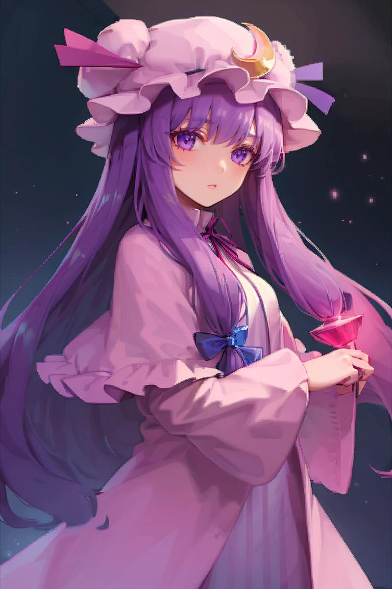 <lora:FantasyIcons_Gemstones:0.8>, holding purple gemstone, glowing,
1girl,purple hair,purle eyes,long hair, mob cap,crescent hat ornament, ribbon,dress, <lora:patchouli:0.9>,