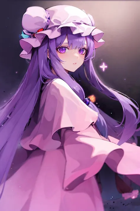 <lora:FantasyIcons_Gemstones:0.8>,( holding purple gemstone:1.1),  glowing, 
(1girl,purple hair,purle eyes,long hair, mob cap,crescent hat ornament, ribbon,dress, <lora:patchouli:0.9>,:0.6)