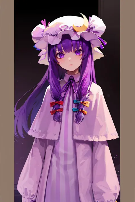 <lora:FantasyIcons_Gemstones:0.8>,( holding purple gemstone:1.1),  glowing, 
1girl,purple hair,purle eyes,long hair, mob cap,crescent hat ornament, ribbon,dress, <lora:patchouli:0.9>,