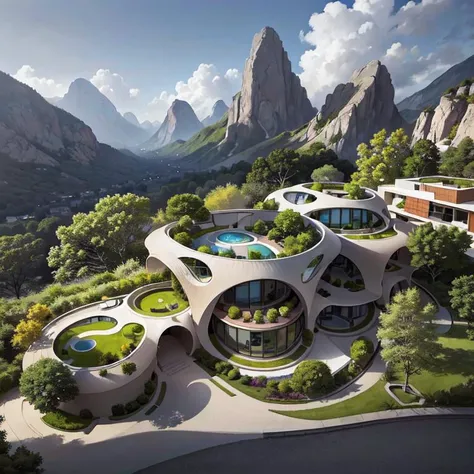 ArchiZHS, modern house, street view, buildings surrounded by nature, in the mountains (masterpiece) <lora:Model_Colorfull:0.8>