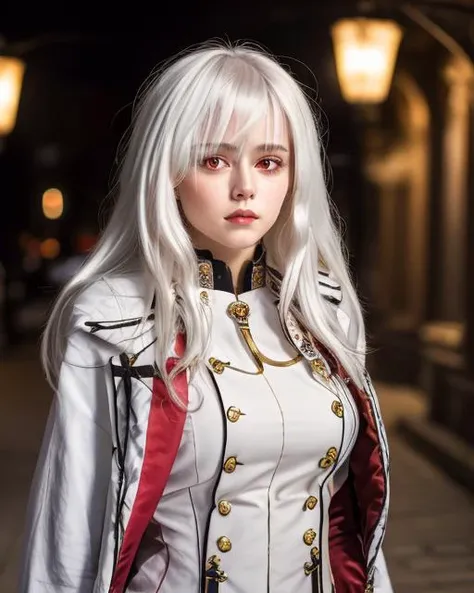 (masterpiece), (extremely intricate:1.3), the most beautiful in the world, upper body, fantasy, castle, a photo of a young woman, (red eyes, crimson eyes), sharp focus, octane render, unreal engine, unity 8k wallpaper, volumetric dtx, big tits, (film grain, bokeh, blurry foreground, blurry background), long hair, (bangs), high cheekbones, stern face, (white hair: 1.3), long hair, white uniform, IWS2000, <lora:IWS2000(GirlsFrontline):1>