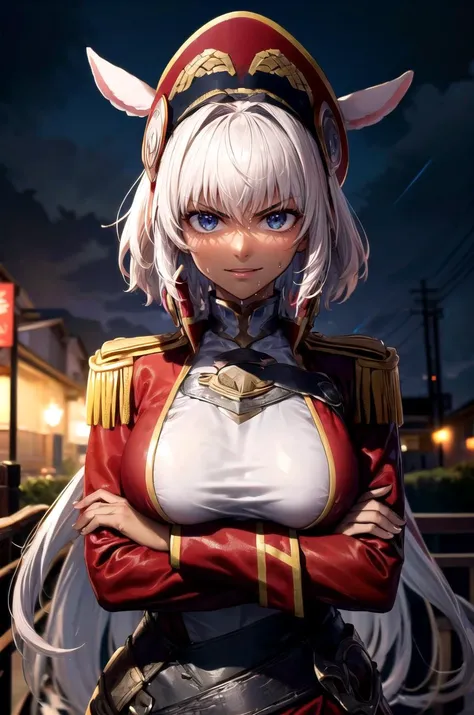 (masterpiece, best quality, detailed), 1girl, solo, looking at viewer, caenis, animal ears, (dark skin, dark-skinned female:1.4), large breasts, long hair, hair intakes, hairband,
<lora:edgWar40kCommissarv1:0.85>, edgCommissar, millitary uniform, epaulettes, ((artificial eye)), skull emblem, hat, wearing edgCommissar, outdoors, lightning, rain, cloudy sky, wet, storm, wind, crossed arms, breast hold, arms under breasts, evil smile