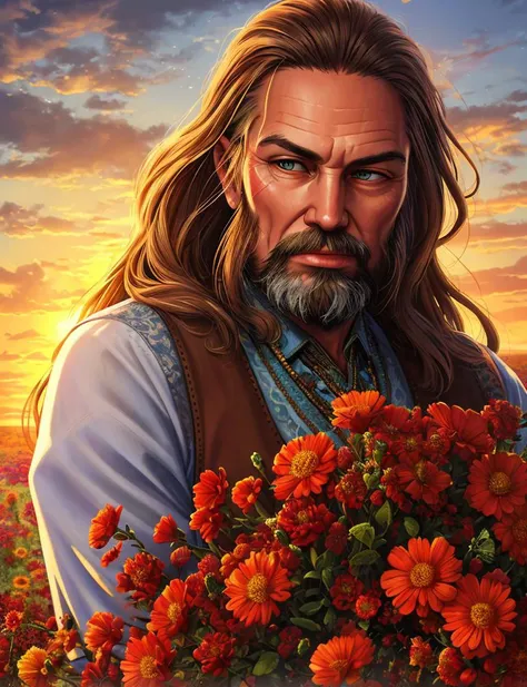 Lenin hippy, (epic realistic:1,1), detailed, cinematic, hyperrealistic, ((intricate details)), detailed eyes, hdr, ((intricate details, hyperdetailed)), digital painting, specular light, subsurface scattering, in tall long wildflower field, colorful flowers, sun setting over the horizon of the field,