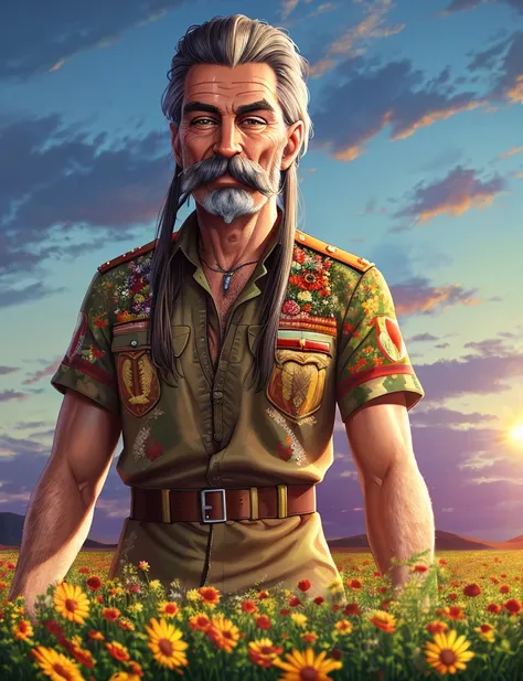 Stalin hippy, (epic realistic:1,1), detailed, cinematic, hyperrealistic, ((intricate details)), detailed eyes, hdr, ((intricate details, hyperdetailed)), digital painting, specular light, subsurface scattering, in tall long wildflower field, colorful flowers, sun setting over the horizon of the field,