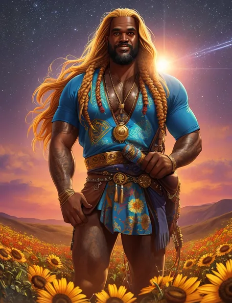 Shaquille O'Neal hippy, (epic realistic:1,1), detailed, cinematic, hyperrealistic, ((intricate details)), detailed eyes, hdr, ((intricate details, hyperdetailed)), digital painting, specular light, subsurface scattering, in tall long wildflower field, colorful flowers, sun setting over the horizon of the field,