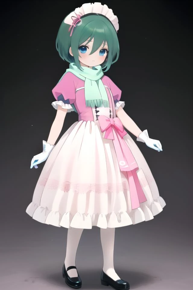 (best quality:1.2), highly detailed,Anime, Moe, illustration, (masterpiece, ultra-detailed), (beautiful detailed face, beautiful detailed eyes), 1boy,green hair, blue eyes,(full body:1.2), solo,mannenrou, scarf, puffy sleeves, gloves ,pink dress, garter belt,
<lora:Nishiumi_Mannenrou:0.8>